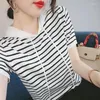 Kadın Sweaters 2023 Yaz Kapşonlu Çizgili Tulunma Kadın Kazak Örme Kısa Kollu Üst Femme Sıradan Elastikiyet Kadın Giyim Koreli