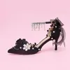 Klänningskor 2023 Summer Ankle Strap High Heels Pearl Flower Spets Women Sandaler Sexig tunn hel Lady Fashion Party Wedding Wedding