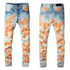 Jeans voor heren Streewear Mode Broeken Geborduurd leer Sterren Patchwork Gescheurd Slim Fit Licht Indigo High Street Stretch