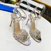 2023 Aquazzura Luxury Designer High Heeled Sandals Womens Bow Dress Shoes Crystal Embelled Rhinestone Stiletto Heel Ankle Strap Evening Shoe35-42Size 10cm