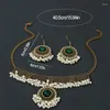 Necklace Earrings Set Exaggerated Vintage Pearls Green Crystal Earring For Women Boho Chain Necklaces Drop Party Jewelry