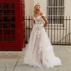 Champange 3D Flowers Appliques Tulle Wedding Dresses Off Shoulder Wedding Gown A Line Dress For Bride