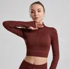 Chemises actives chemise femme sans couture haut court Fitness à manches longues sport femme fermeture éclair avant Yoga hauts vêtements de sport avec trou pour le pouce