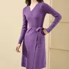 Women's Sweaters Womens European American Autumn Slim Belt Sweater Dress Female Designer Fashion Solid Purple V-Neck Long Wool Clothes