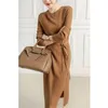 Robes Décontractées Marron Chic Tricot Femmes Pull À Rayures Robe Automne O Cou Chaud Une Ligne Midi Femme Festival Bandage Split Simplicité