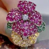 Anillos de racimo Pave de lujo Flor de piedras preciosas multicolores para mujeres Joyería de cóctel de moda Anillo de plata esterlina 925 Regalo de niña