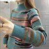 Kvinnors tröjor Autumn Winter Korean Loose Warm Knit Sweater Coat Retro Half High Neck Pullover Primer randig tidvatten