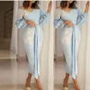 Tea Length Light Sky Blue Mother Of The Bride Dresses Off The Shoulder Evening Dresses With Long Sleeves Appliques Party Gowns Pro292g