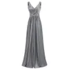 Perlenbesetztes V-Ausschnitt-Satin-Brautjungfernkleid 2019 bodenlanges Ballkleid mit Schnürung, Partykleid Gray296E