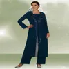 Mais recente marinho escuro 3 peças jaqueta longa mãe noiva calças ternos feminino festa vestido chiffon noivo mãe calças ternos moda lantejoulas246m