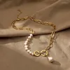 Choker Allme Chic Sisicmmetric Real Freshwater Pearl for Women 14Kゴールドメッキブラスホローリンクチェーンネックレス