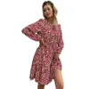 Jupe courte imprimée Vintage pour femmes, col rond, manches longues, robe rouge