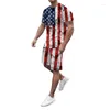 Herrspårar T-shirt set USA American Flag 3D Print Tracksuit T Shirts Shorts 2 Pieces Streetwear Male's Overdimensionerade kostymer sportkläder