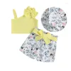 Conjunto de falda con volantes y top de un hombro con estampado floral para niña bebé con cintura elástica - Traje de verano adorable para niños pequeños