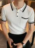 Polos Masculinos 2023 Camisa POLO de Malha Masculina Camisas de Manga Curta de Verão Emendas Listras Negócios Roupas Casuais Slim Escritório Social Top