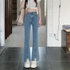 Jeans feminino Y2K calça azul cintura alta elástica reta trompete calça gótica perna dividida gravata corda roupas vintage