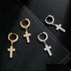 Stud Hip Hop Cubic Zirconia Bling Iced Out Cross Earring Złote Sier Sier Copper Coldings for Men Rock Biżuter