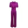 Calças femininas de duas peças Summer Profission OL 2 Set Feminino Cetim Roxo Camisa de manga bufante de seio único Conjuntos de escritório de cintura alta