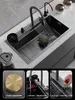 Fregadero de cocina creativo, grifo de cascada, Nano fregadero de acero inoxidable 304, lavabo de un solo cuenco de montaje superior con accesorios de drenaje de tablero