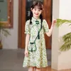 Roupas étnicas roupas de verão para meninas, crianças, verde, vestido estampado de flores, fantasia de princesa, vestido de festa, vintage Qipao