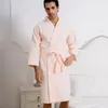 Kvinnors sömnkläder Kvinnor och män Bomull Waffle Thin Spring Summer Pure Color Full Sleeve Kne Length El Kimono Par Bathrobe