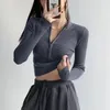 Women's Sweaters 2023 Elegant High Neck Zipper Front Knitted Sweater Cropped Tops For Women Ribbed Cardigan Long Sleeve