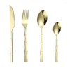 Geschirr-Sets 20-teiliges Besteck-Set aus Edelstahl, Messer, Gabel, Löffel, Geschirr, Bambus-Design, Goldsilber, Besteck für 5 Personen