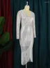 Freizeitkleider Glitzer Damen Party Silber Pailletten Langarm Schlitz Quaste Figurbetont V-Ausschnitt Elegant Fransen Cocktail Event Anlässe Kleid