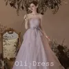 Ethnische Kleidung, elegantes lila Feen-Tüll-Abendkleid für Damen, ärmelloses Oberteil, rückenfrei, Schnürung, formeller Abschlussball