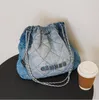 wholesale ladies shoulder bags this year popular comfortable lightweight denim bucket bag daily Joker blue canvas handbag embroidered plaid handbags 10626#