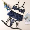 Conjunto de lingerie erótica de bolinhas com babados meia sutiã roupas de renda transparente sexy sensual sem costura íntima