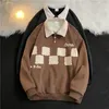 Moletons masculinos vintage xadrez de lã para homens coreanos casuais oversized gola para baixo pulôveres quentes de inverno harajuku unissex