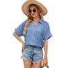 Kvinnors blusar Casual Loose Pocket Shirt Blue Women Summer Button Short Sleeve Shirts For 2023 Office Elegant Cotton Top Femme White