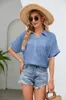 Kvinnors blusar Casual Loose Pocket Shirt Blue Women Summer Button Short Sleeve Shirts For 2023 Office Elegant Cotton Top Femme White