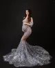 Casual Dresses Luxury Silvery Sequins Long Mermaid Maternity Gowns Sheer Mesh Necklines Sparkle Crystal Pregnancy Women To Pography