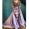 2020 Lavender 3D Appliques Off Shoulder Short Sleeves Satin Evening Dresses Glamorous Saudi Sheath Prom Party Gowns Custom250S
