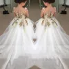 2016 White Ivory Flower Girls Dresses Appliques Lace Long Sleeve Party Birthday Tutu Christmas Gown Train Toddler Pageant Dress Go252W