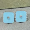 Vrouwen Luxe Vierkante Oorbellen Eenvoudige Premium Blauwe Keramische Klaver Diamant Tiara Oorbellen Merk Klassieke Sieraden Partij Sieraden