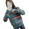 Kvinnors tröjor Autumn Winter Korean Loose Warm Knit Sweater Coat Retro Half High Neck Pullover Primer randig tidvatten