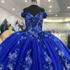 Abiti Quinceanera blu Abito da ballo 3D Appliques floreali Pizzo senza maniche Spalle scoperte Fiori fatti a mano Sweet 15 Party