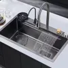 Fregadero de cocina creativo, grifo de cascada, Nano fregadero de acero inoxidable 304, lavabo de un solo cuenco de montaje superior con accesorios de drenaje de tablero