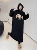 Casual Jurken 2023 Winter Herfst Koreaanse Lange Hoodies Vrouw Jurk Vestidos Losse Beer Borduren Plus Size Fleece Verdikte Warme Capuchon