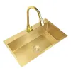 Fregadero de cocina dorado sobre encimera o bajo encimera de acero inoxidable 304, escurridor de cesta individual dorado, dispensador de jabón, lavabo