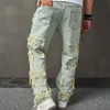 Mäns jeans faller streetwear mens denim pants mode rippade deisgn lapptäcke rak jeans män y2k stil vintage ren färg jean pant 230804