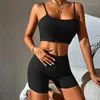 Survêtements pour femmes Femmes Slim Yoga Fitness Set Crop Tops Ribbed Cami Seamless High Elastic Shorts Pyjamas Confortable Basic Solid Color