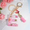 Pink Dry Flower 26 Initial A To Z Resin Keychain With Butterfly Tassel Pendant Shiny Keyring for Women Girl Handbag Accessories