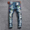 Jeans Masculino Estilo de Rua Moda Masculino Retro Azul Elástico Ajuste Justo Pintado Rasgado Calças Stretch Hip Hop Calça Denim Hombre