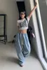 Women's Jeans GY4087 Elastic Waist Summer 2023 Baby Blue High Slim Design Wide Leg Mop Pants