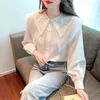 البلوزات النسائية أزياء Pater Pan Pan Blouse Tops Autumn Sleeve Long Leter White Chiffon Office Ladies 2023