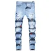 American Hip Hop Style West Coast Hipster Men Four Ripped Stars Digital Print Small Straight Leg Jeans Men Designer Jeans Mens Denim Pants Fashion Trouser Top Sell